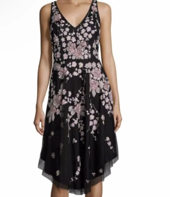 Aidan Mattox Womens Back Zip V Neck Floral Embroidered A Line Dress Black Size 4 - Image 1 of 4