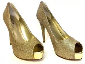 Guess Women's Gold Glittery Platform Heels Shoes size 7 1/2 M - Picture 1 of 6