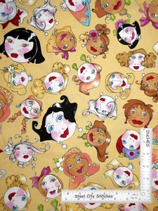 Loralie Harris Buttonheads Button Heads Lady Faces Yellow Cotton Fabric - YARD - Picture 1 of 1
