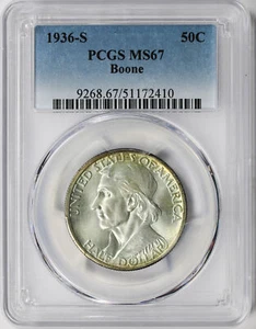 1936-S 50c Boone Silver Half Dollar Commemorative PCGS MS67 - Picture 1 of 4