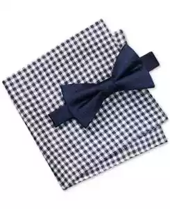 Tommy Hilfiger Silk Tonal Stripe Solid Bow Tie & Gingham Pocket Square Set -Navy - Picture 1 of 14