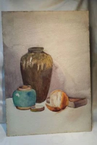 ANTIKES AQUARELL - UNSIGNIERTES STILLLEBEN MIT KERAMIK UND ORANGE - Bild 1 von 1
