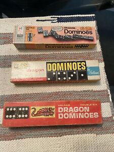 1970 Milton Bradley MB Halsam Dragon Double Six Wooden 28 Dominoes Set #4130 X3