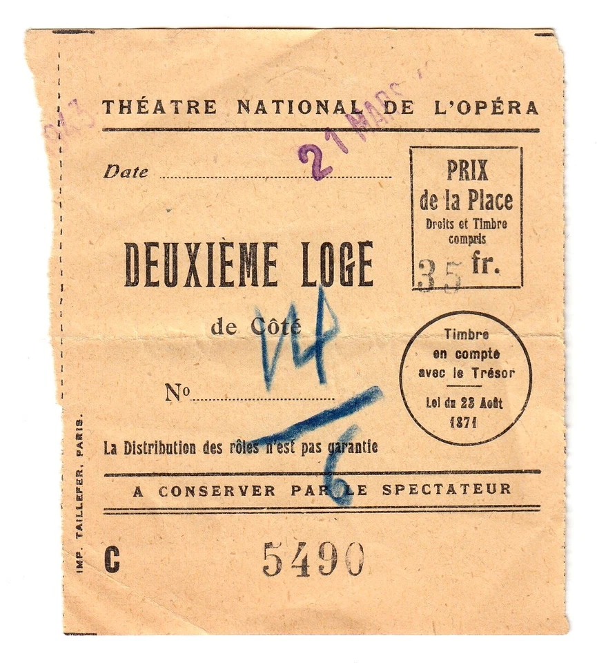 Paris THÉATRE NATIONAL DE L'OPÉRA * Eintrittskarte von 1943 - Bild 1 von 1