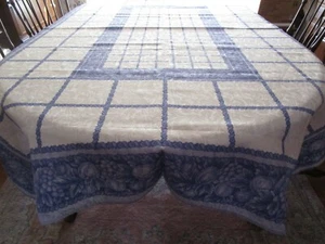 Neu! NBU Vintage blau-weiße Damast Tischdecke, Obstbordüren, 90er Jahre - Bild 1 von 7