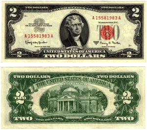 1963 A USA 2 Dollar Banknote UNITED STATES AMERICA Red Seal P382a G - Fowler - Picture 1 of 1