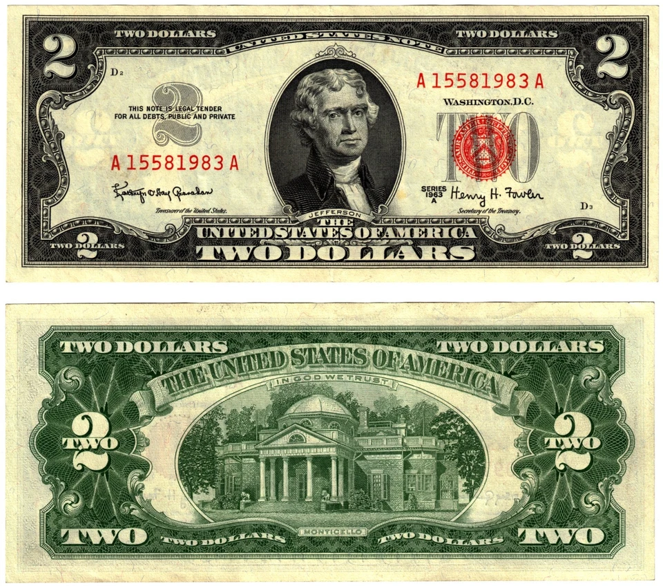 1963 A USA 2 Dollar Banknote UNITED STATES AMERICA Red Seal P382a G - Fowler - Image 1 of 1