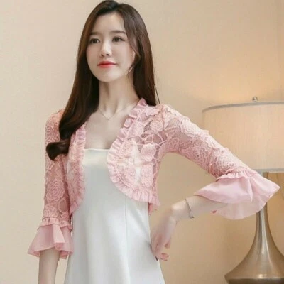 Frauen Spitze Rüschen Bolero Schulterjacke Capelet Umhang Jacke Strickjacke - Bild 1 von 4