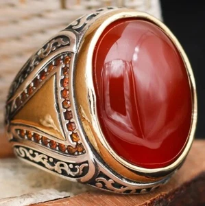 Anello da uomo in argento sterling 925 con pietra di agata rossa - Foto 1 di 8
