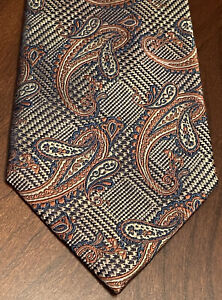 Massimo Moda Collezione Tie Hand Made Orange Blue Houndstooth 100% Silk