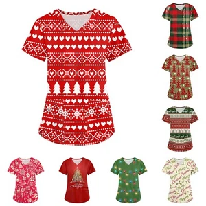 Plus Size Printed Scrub Working Uniform Tops For Women's Cross V Neck Christmas - Picture 1 of 36