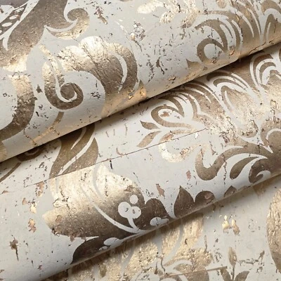 Ivory beige cream gold metallic natural cork textured Victorian damask Wallpaper - Image 1 of 4