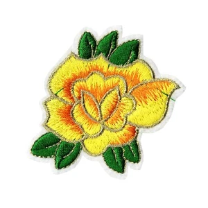 Yellow Rose with Gold Trim Iron-On Patch - Embroidered Floral Applique - Picture 1 of 2