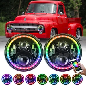 Pair 7 inch Round RGB LED Halo Headlights DRL For 1953-1977 Ford F-100 Pickup - Foto 1 di 11