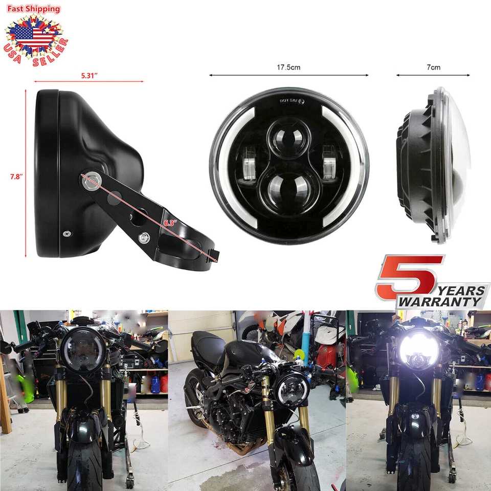 7" 60W Motorcycle Headlamp with DRL Turn Signal + Led Headlights Housing Bucket - Image 1 of 4