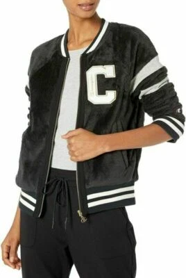 Champion Womens Super Fleece Faux Fur Bomber Jacket Coat Size Small Black Zip Up - Image 1 of 4