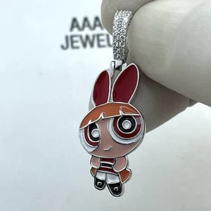REAL 925  STERLING SILVER CUBIC ZIRCONIA POWER PUFF GIRLS PENDANT - Picture 1 of 6