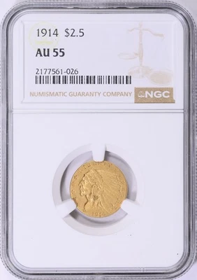 1914 INDIAN HEAD $2.5 QUARTER EAGLE GOLD NGC AU55 - Image 1 of 3