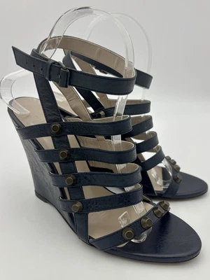 Sandalias de cuña Balenciaga de cuero azul marino con tachuelas talla 39/9 correa al tobillo Foto 1 de 4