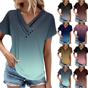 Womens Short Sleeve Tops Gradient Casual Button V Neck Comfy Trendy T Shirts - Picture 1 of 16