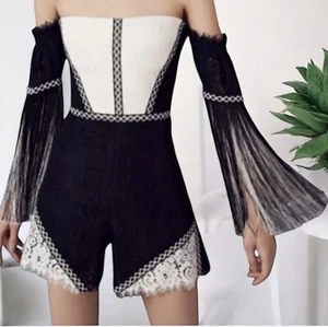 Alexis Mirabelle Womens Lace Fringe Off the Shoulder Corset Romper Shorts Size S - Picture 1 of 12