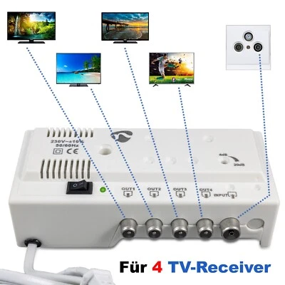 TV Signalverstärker 20dB 4-fach DVB-C T2 Weiche Kabelfernsehen Verstärkung HD 4K - Bild 1 von 4