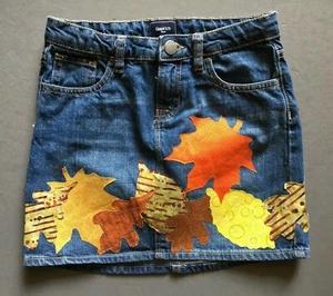 Girl's upcycled denim skirt, size 10, added fall leaves & squirrel appliques - Picture 1 of 6