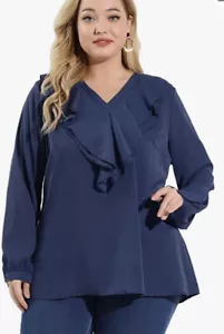 Agnes Orinda Top Women's Size 4XL Navy Ruffle Front V Neck Short Sleeve Casual - Picture 1 of 8
