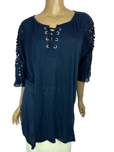 New York Laundry Size 1X Navy Blue Tunic Blouse Crochet on 3/4 Sleeve Polyester - Picture 1 of 5