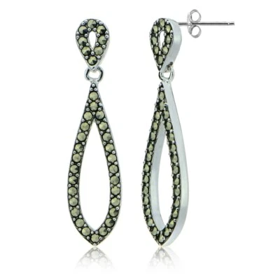 Sterling Silver Marcasite Open Double Teardrop Dangle Earrings - Image 1 of 4