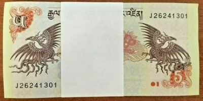 BHUTAN 5 NGULTRUM P-28 2015 X 100 Pcs Lot BUNDLE DZONG DRAGON UNC MONEY BANKNOTE - Image 1 of 4