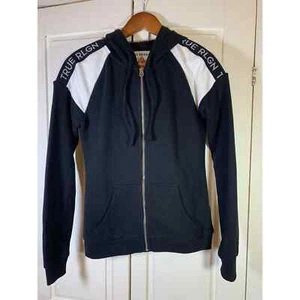 True Religion Sweatshirt Womens XS Hoodie Black Full Zip Spellout Silver Glitter - Picture 1 of 14