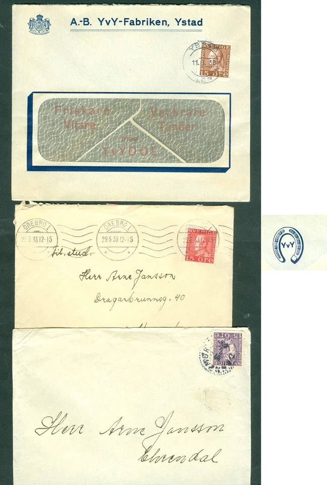 瑞典。 1933-37-38。 3 封邮政使用。 King Gustaf V. 3 x 15 矿石 — 第 1/1 张图片