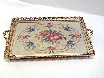 Serviertablett Gobelin Petit Point Blume Stickerei Vintage Glastablett Antik Sti - Bild 1 von 4