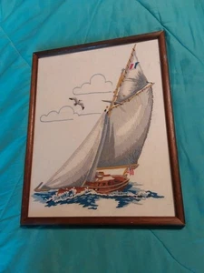 Vintage 1970s Embroidered Nautical Sail Boat On Water Framed 19" X 15" GC - Picture 1 of 7