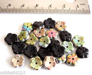 25 8 x 3 mm Czech Glass Flat Flower Beads: Vitrail - Jet - Picture 1 of 1