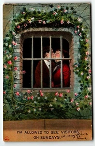 Postcard Couple Kissing in Jail "I'm Allowed to See Visitors on Sundays" 1910 - Picture 1 of 2