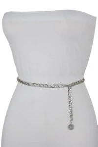 Women Skinny Band Belt Silver Metal Chain Ethnic Coin Buckle Plus Size XL XXL - Picture 1 of 24