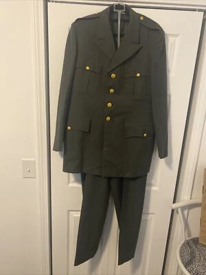 1960's Vintage Army Uniform Dark Green Wool Four Button Two Piece Suit - Image 1 of 4