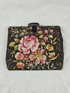Antique Art Deco Clutch Bag 1920s Black Floral Crewel Embroidered Oriental - Picture 1 of 24