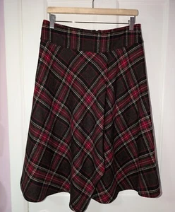 HOBBS Wool Tartan Check Skirt Size UK 12 Asymmetric Hem Flared Midi Brown Red - Picture 1 of 5