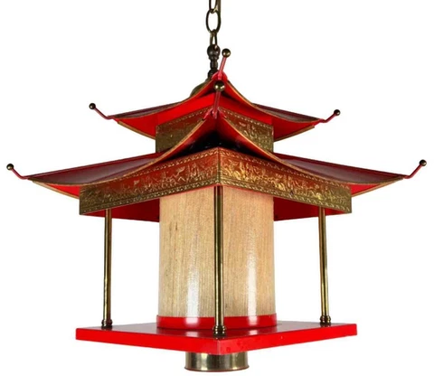 Vtg 1950s Hollywood Regency Chinoiserie Red Tole Pagoda Chandelier Pendant Light Cover