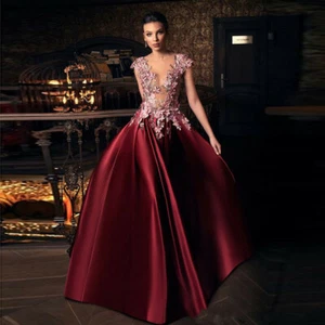 Burgundy Lace Satin Sheer Sexy Evening Party Prom Dress Pageant Celebrity Gown - Picture 1 of 3