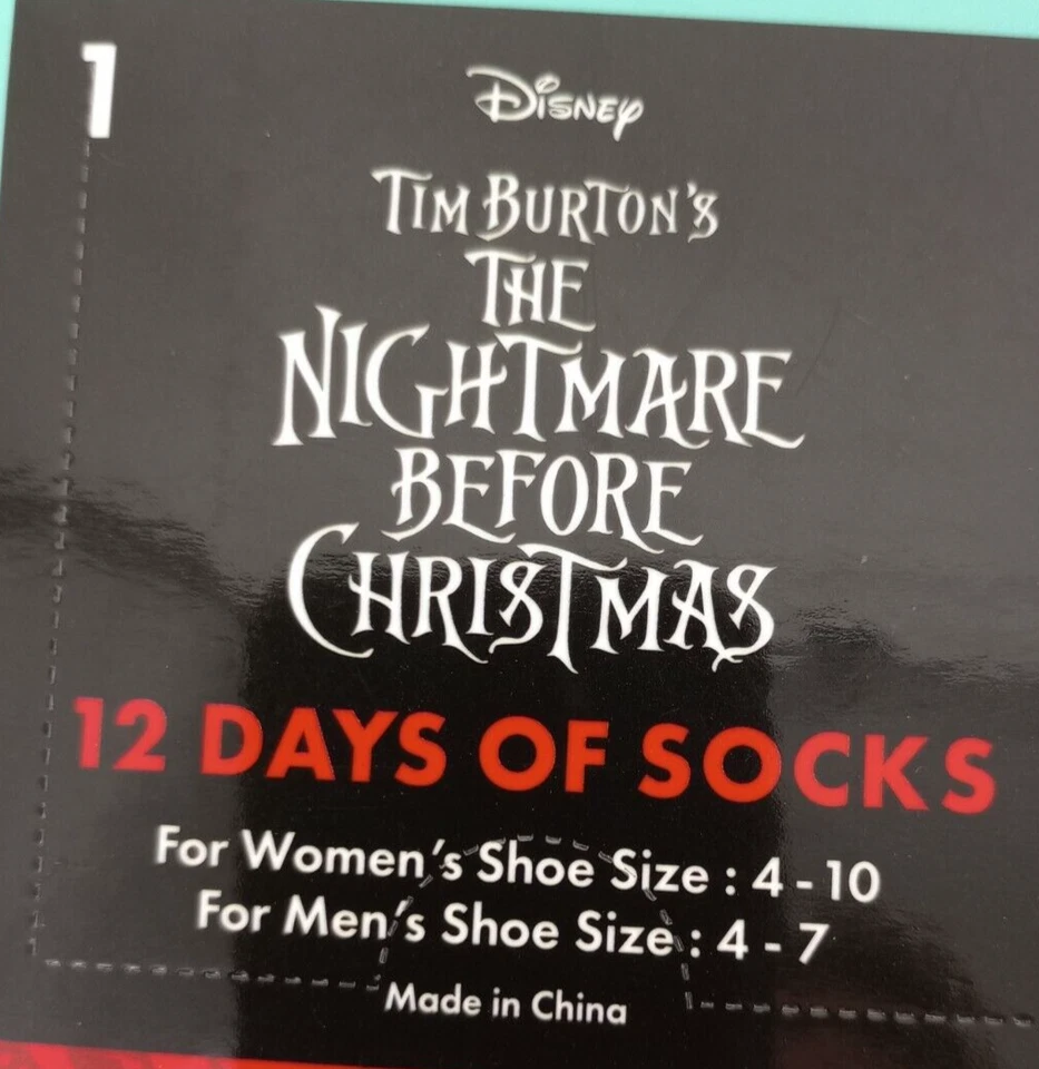 Disney The Nightmare Before Christmas 12 Days of Socks Shoe Sz 7-9 Open Box