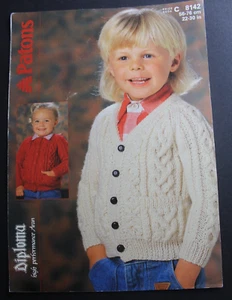 Vintage Patons Childs Aran Round & V Neck Cardigan Knitting Pattern 22-30" 8142 - Picture 1 of 4