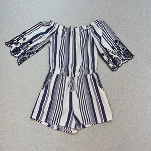 Style House Striped Romper/Jumpsuit WMN Navy White On/Off Shoulder Embroidered - Picture 1 of 6