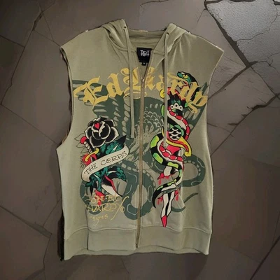 Sudadera con Capucha Ed Hardy Para Hombre Verde Oliva Daga Rosa Polar Corte Talla M Nueva con Etiquetas Foto 1 de 4