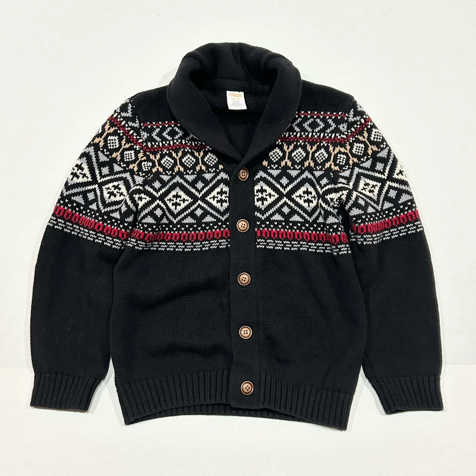 Gymboree Fair Isle Cardigan Sweater Shawl Collar Boys Sz M 7-8 Black White Red - Image 1 of 4
