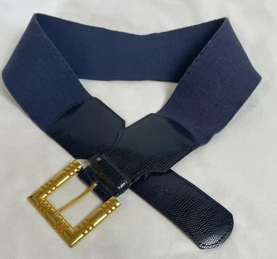 Cinturón Ancho Elástico Años 70 De Colección Para Mujer S-M Azul Marino Cuero Guijarro Nylon Hecho en EE. UU. Boho Foto 1 de 4