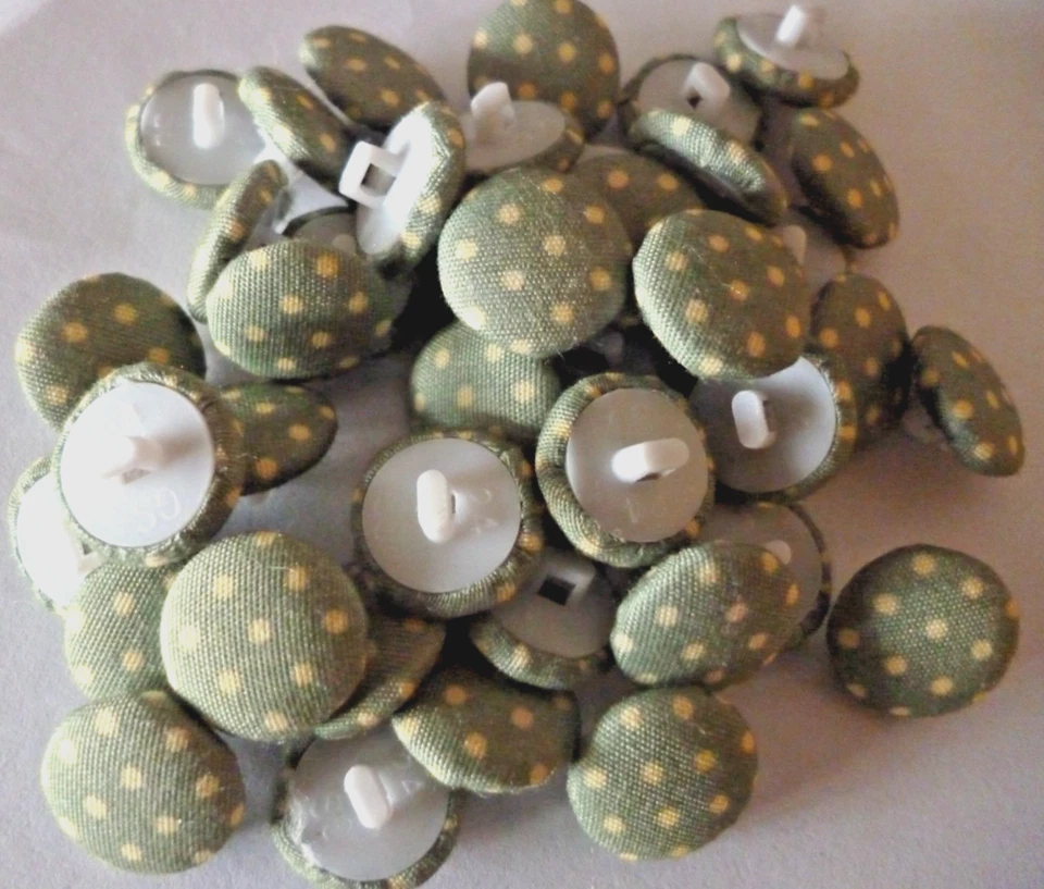 100 X 15mm Green  & White Polka Dot Fabric Covered Shank Buttons - Image 1 of 1